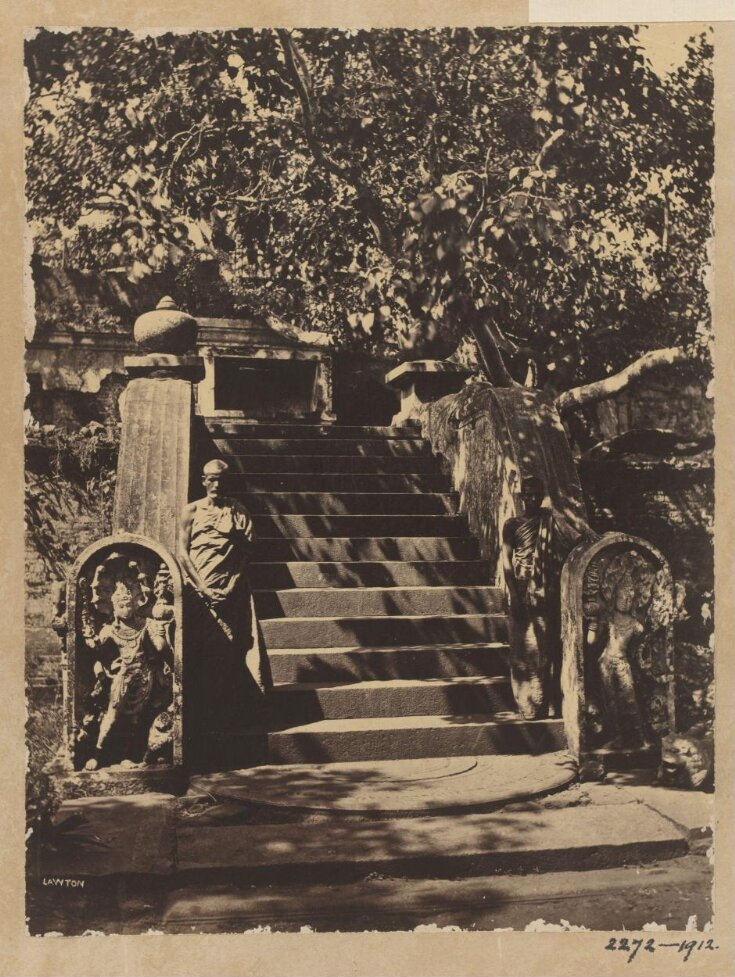 Anuradhapura. The sacred Bo tree. First flight of steps on the north face leading to the first terrace, with Buddhist priests. top image