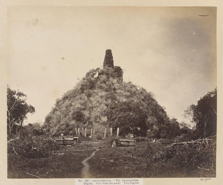 Anuradhapura-The Jétawanáráma Dágoba. View from the south. This Dágoba was built by King Maha Sen in the third century after Christ. It is a huge mass of solid brickwork, 396 feet in diameter and 246 feet high. (No. 188) top image