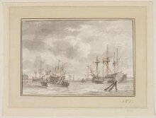 View of ships in Amsterdam harbour and on the Ij, with the arsenal (‘s lands zeemagazijn) of the Admiralty of Amsterdam on the left. thumbnail 1