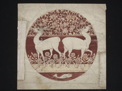 Dish design with deer, fruit tree and fish