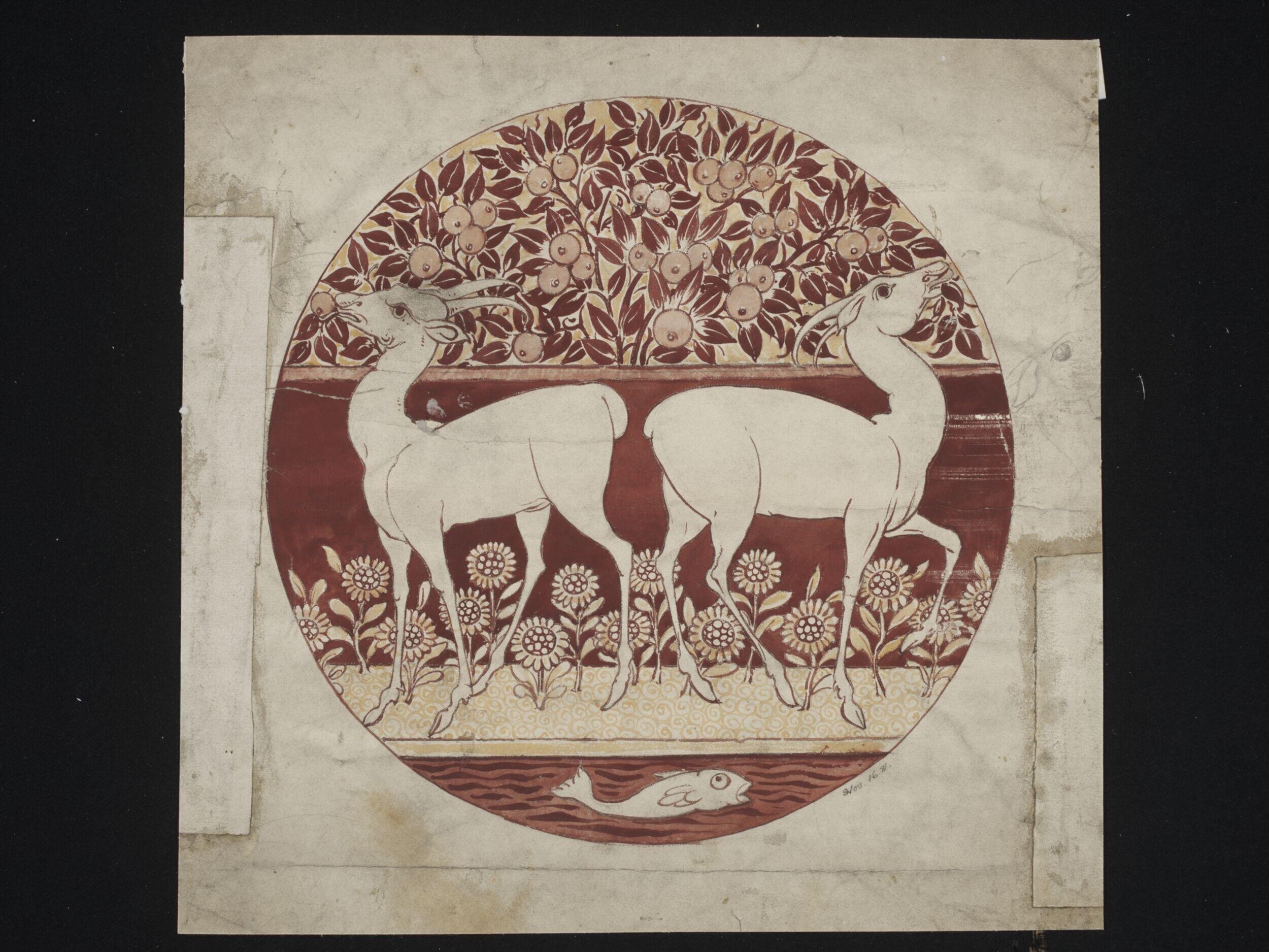 Dish design with deer, fruit tree and fish