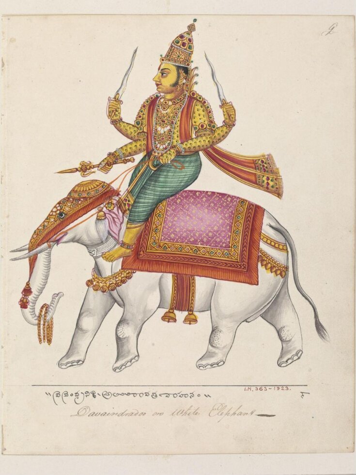 Indra, the god of storms, riding on a white elephant, Airavata. top image