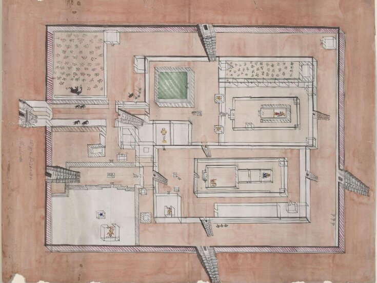 Ground plan of the Great Temple of Sundaresvara, Madura, with the gopurams indicated vertically at the entrances top image