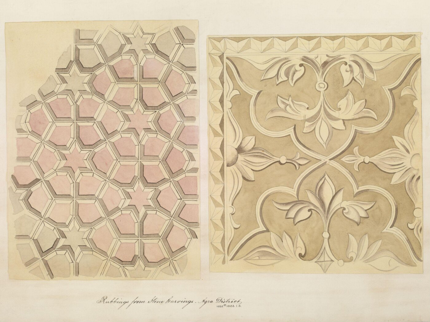 Unknown, One of twenty-nine drawings of details of architectural ornament taken from rubbings of stone decoration on monuments in Agra district, including Fatehpur Sikri and Sikandra.