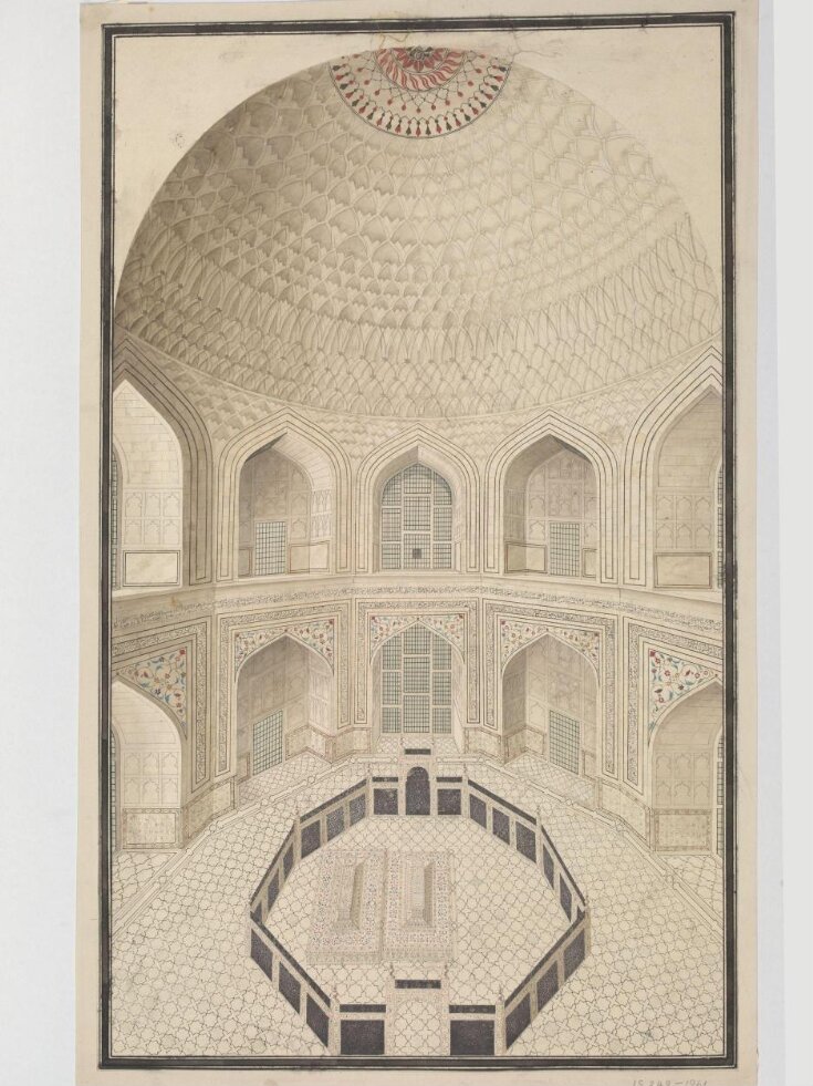 Seven drawings of the interior of the Taj Mahal, Agra and architectural details. top image