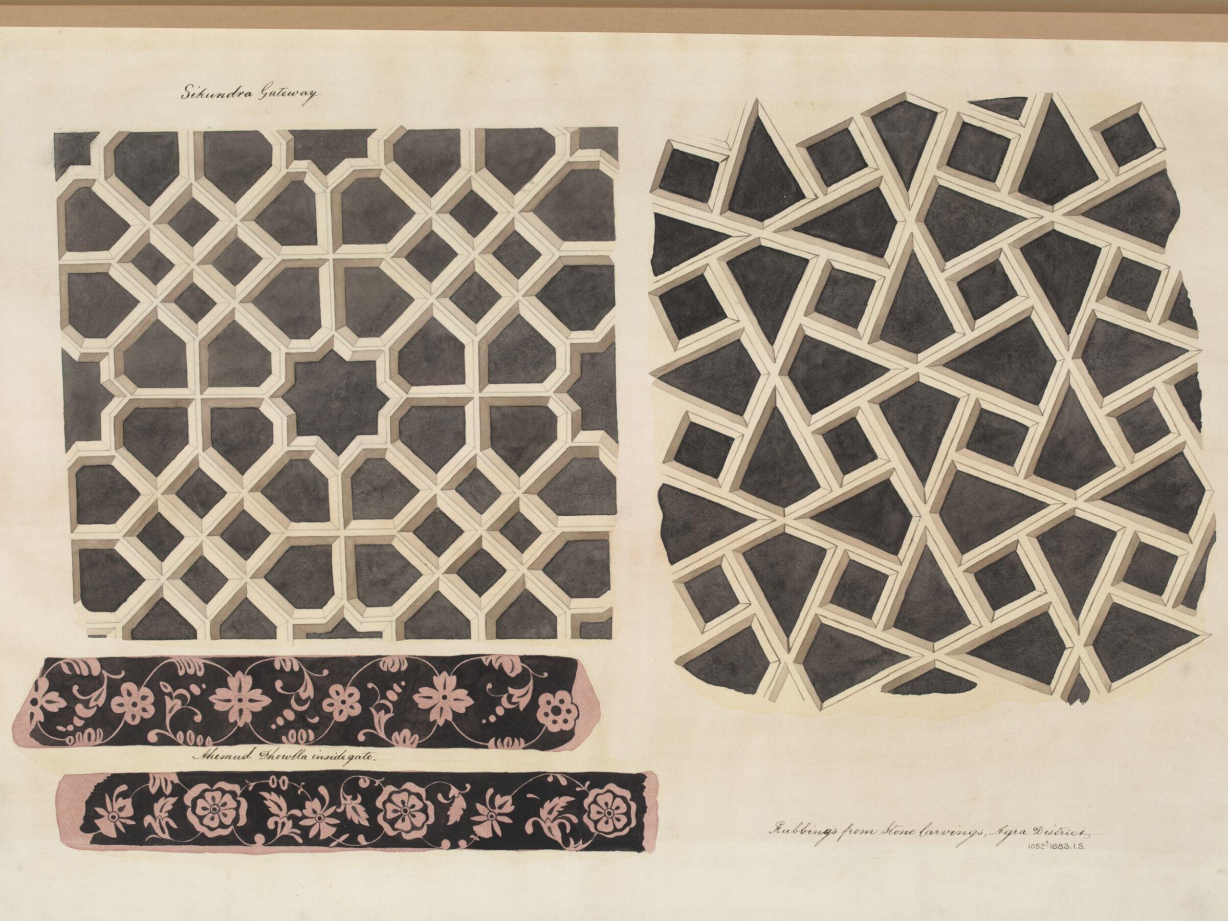 One of twenty-nine drawings of details of architectural ornament taken from rubbings of stone decoration on monuments in Agra district, including Fatehpur Sikri and Sikandra., ca.1882