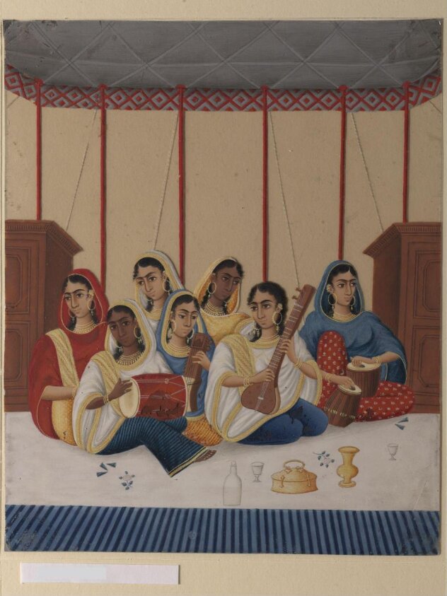 A group of seven female musicians seated under a canopy (ca. 1865) by Lal