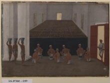 One of nineteen drawings illustrating processes in the manufacture of opium at the Opium Factory at Gulzarbagh, Patna, in Bihar. thumbnail 1