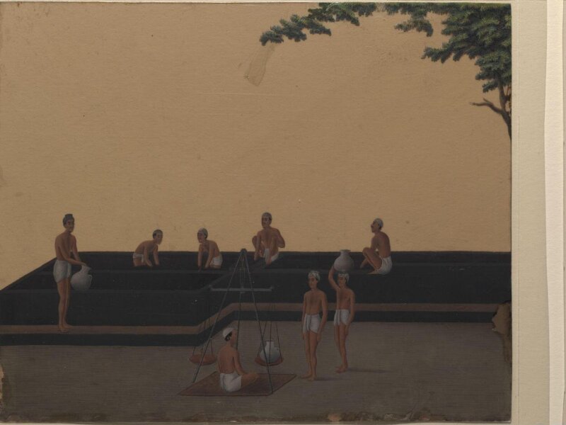 One of nineteen drawings illustrating processes in the manufacture of opium at the Opium Factory at Gulzarbagh, Patna, in Bihar.
