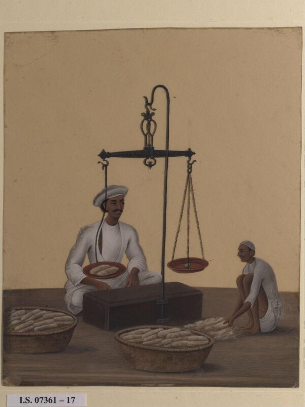 One of nineteen drawings illustrating processes in the manufacture of opium at the Opium Factory at Gulzarbagh, Patna, in Bihar.