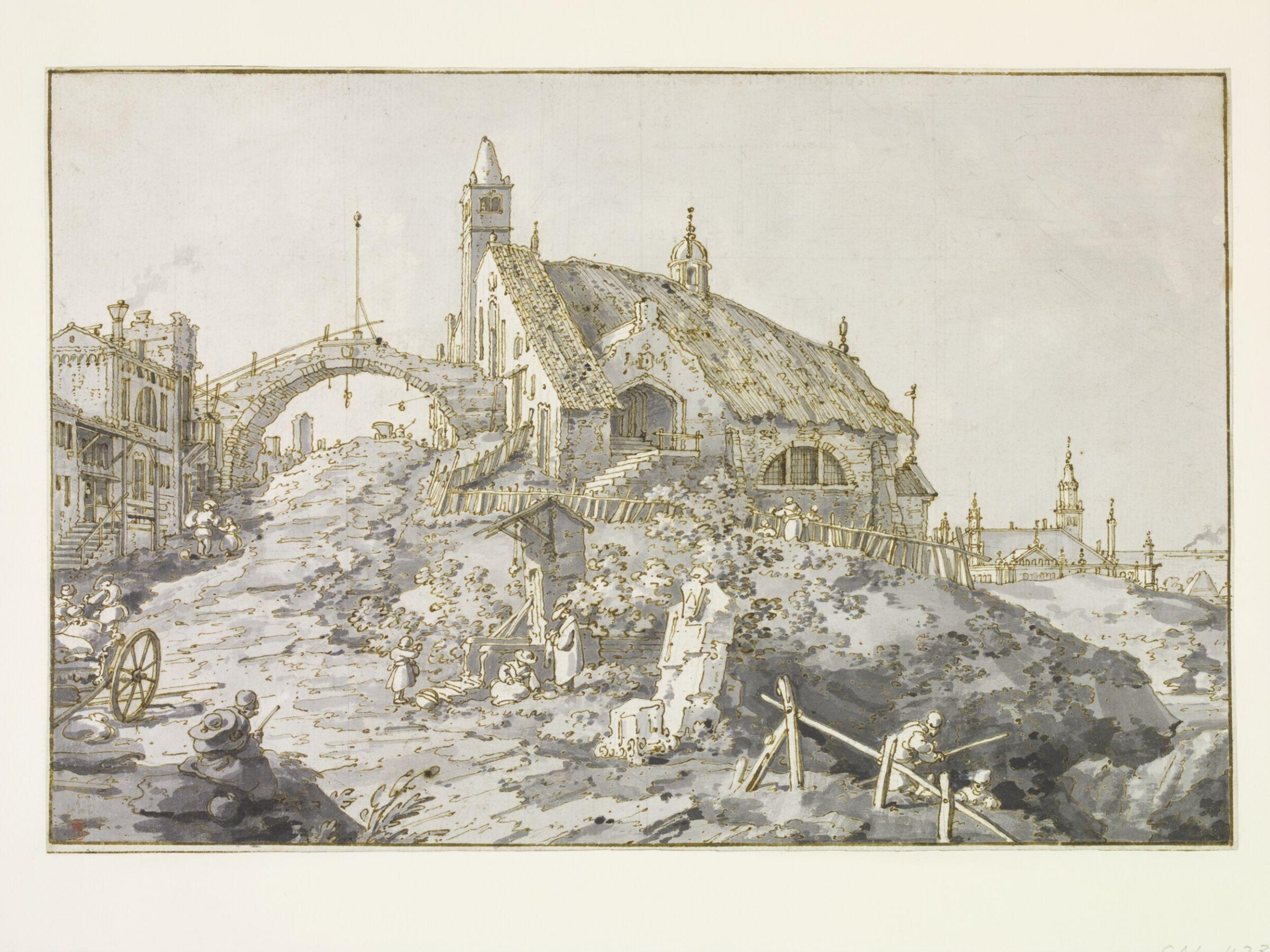 An imaginary composition: a village street leading past a church, Giovanni Antonio Canaletto, ca. 1755-1768