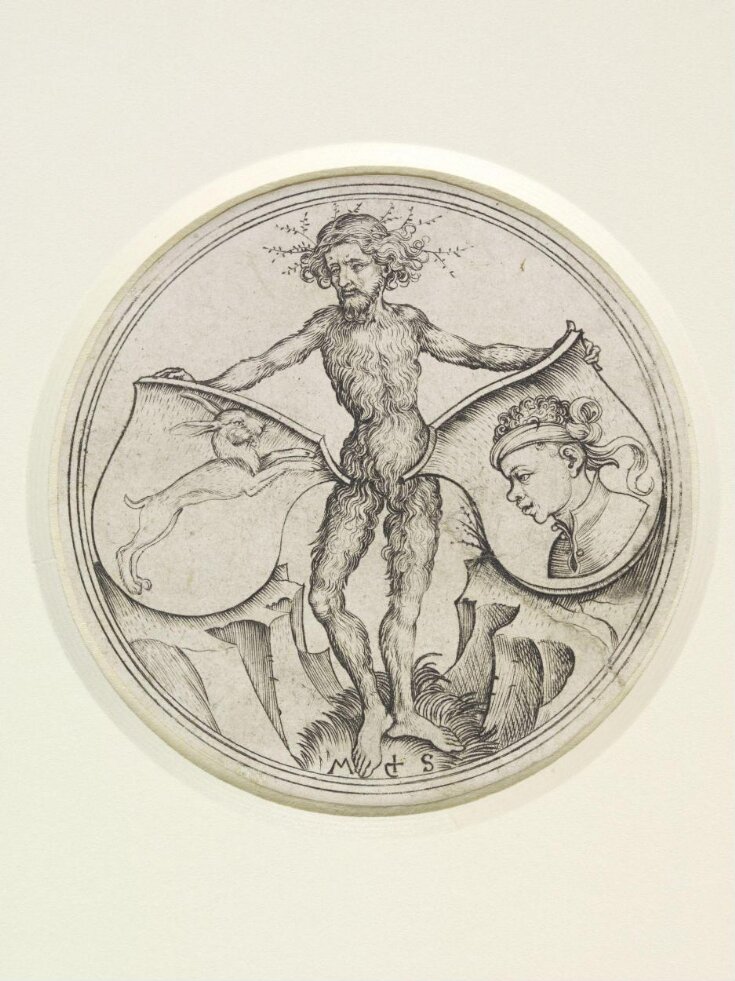 Two shields with a hare and a Moor's head held by a wild man top image