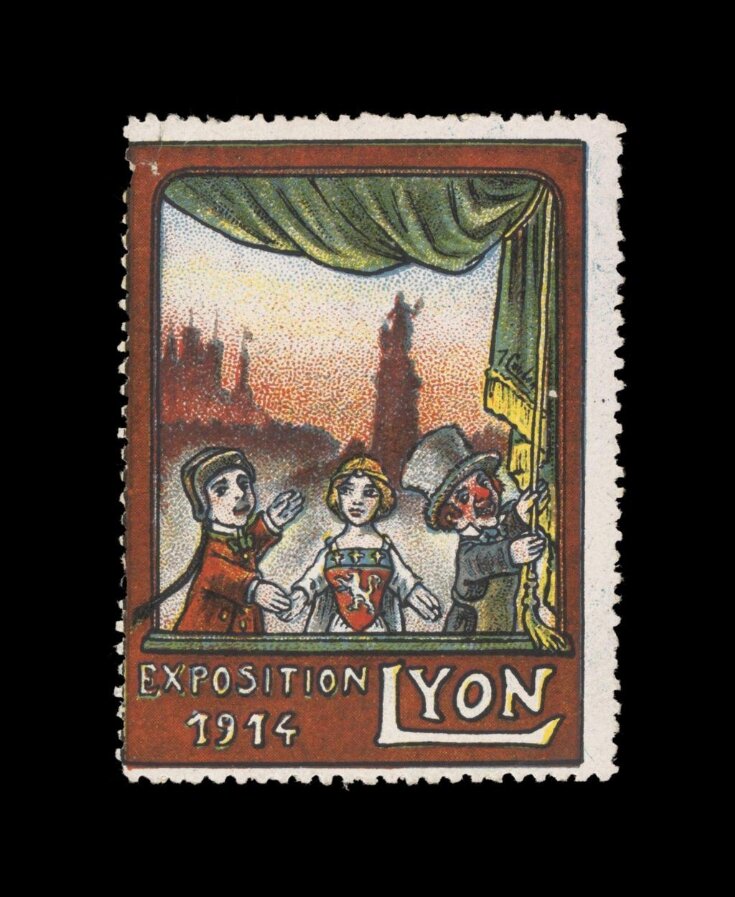 Stamp from the 1914 Exposition Philatelique in Lyon depicting a glove puppet show image