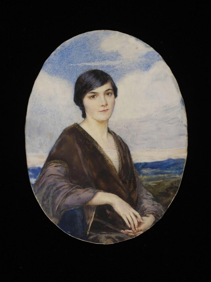 Miniature portrait of an unknown woman sitting against a landscape background. top image