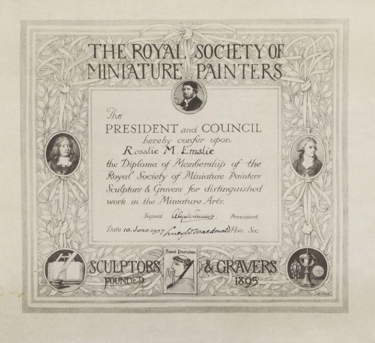 Printed certificate in the name of 'Rosalie Emslie' for 'The Royal Society of Miniature Painters'. top image