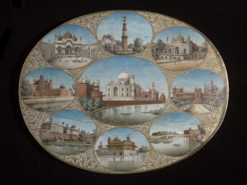 The Taj Mahal, Agra, in a gilt frame surrounded by eight smaller views.