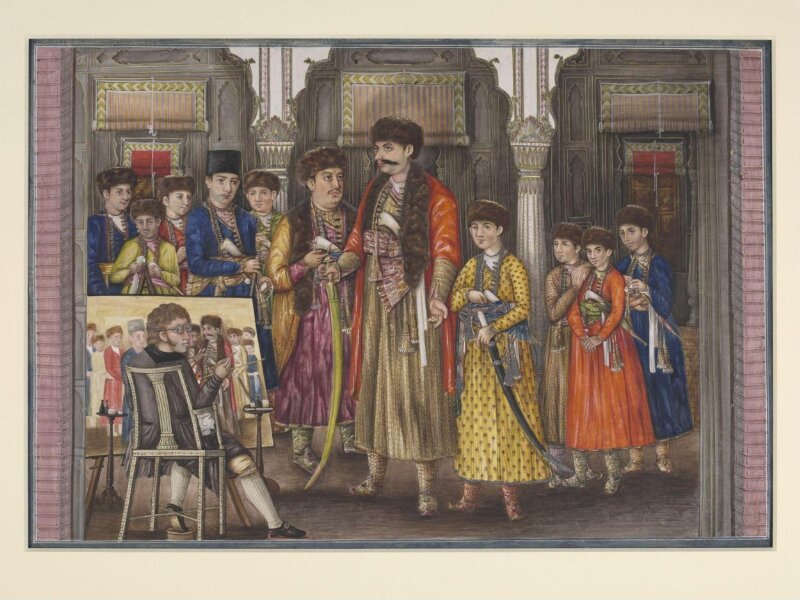 Tilly Kettle painting a portrait of Shuja ud-Daula and his ten sons