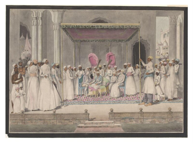 Mubarak ud-Daula, Nawab of Murshidabad, in durbar with the British Resident, Sir John Hadley D'Oyly