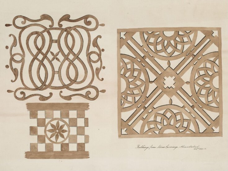 One of thirty drawings of details of architectural stone and mother-of pearl ornament taken from rubbings and moulds of monuments in Ahmedabad, the capital seat of the Ahmad, Shahi dynasty. top image