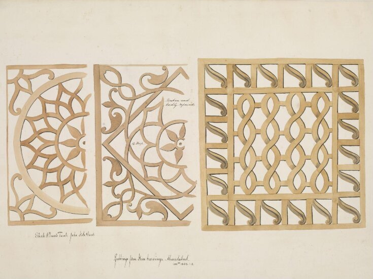 One of thirty drawings of details of architectural stone and mother-of pearl ornament taken from rubbings and moulds of monuments in Ahmedabad, the capital seat of the Ahmad, Shahi dynasty. top image