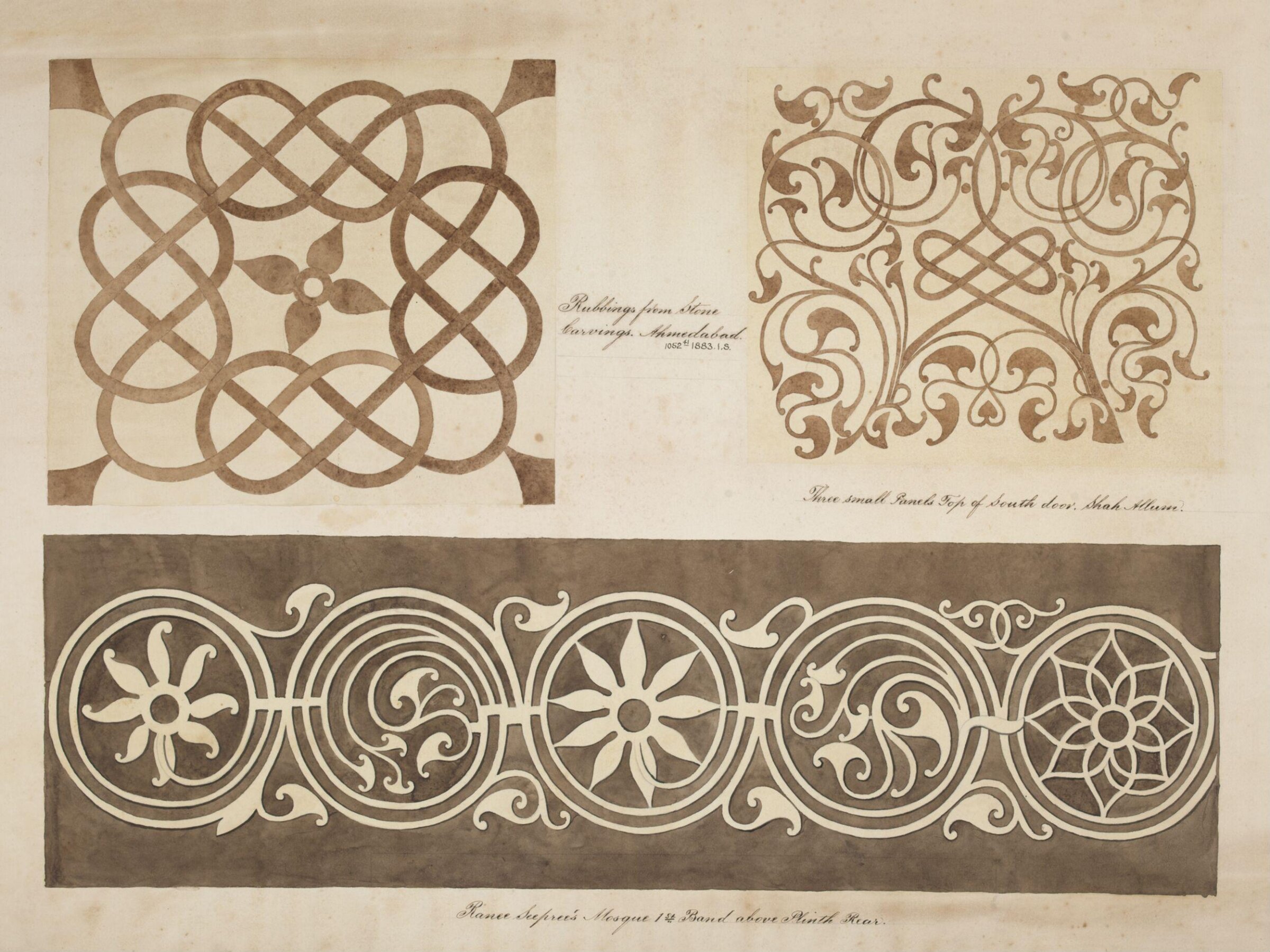 One of thirty drawings of details of architectural stone and mother-of pearl ornament taken from rubbings and moulds of monuments in Ahmedabad, the capital seat of the Ahmad, Shahi dynasty., ca.1883