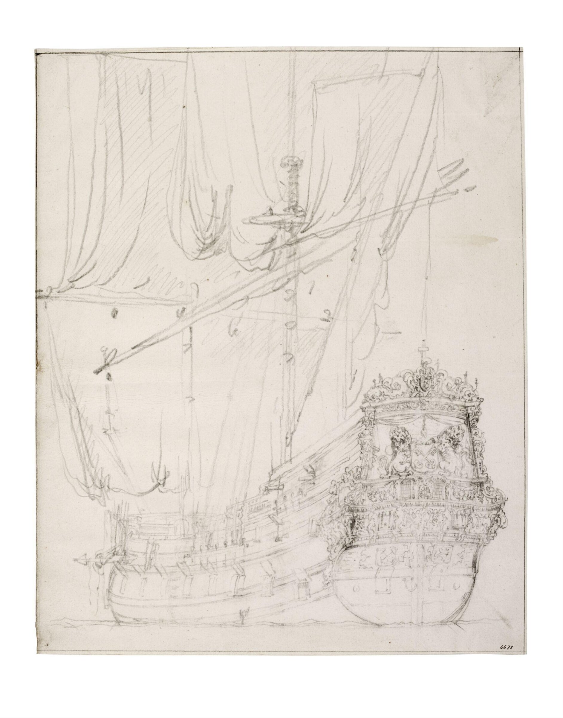 The Dutch Ship <i>Leiden</i> with Sails Spread; Stern View, Willem van de Velde the Elder, 17th century