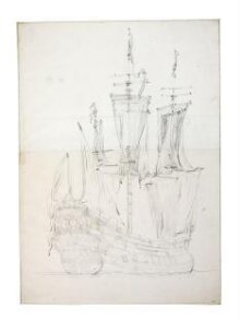 A Dutch Ship, possibly the Amsterdam; Quarter View, with the sails hanging loose thumbnail 1