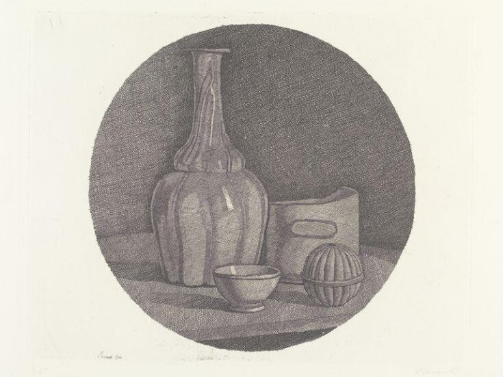 Large circular still life with a bottle and three objects top image