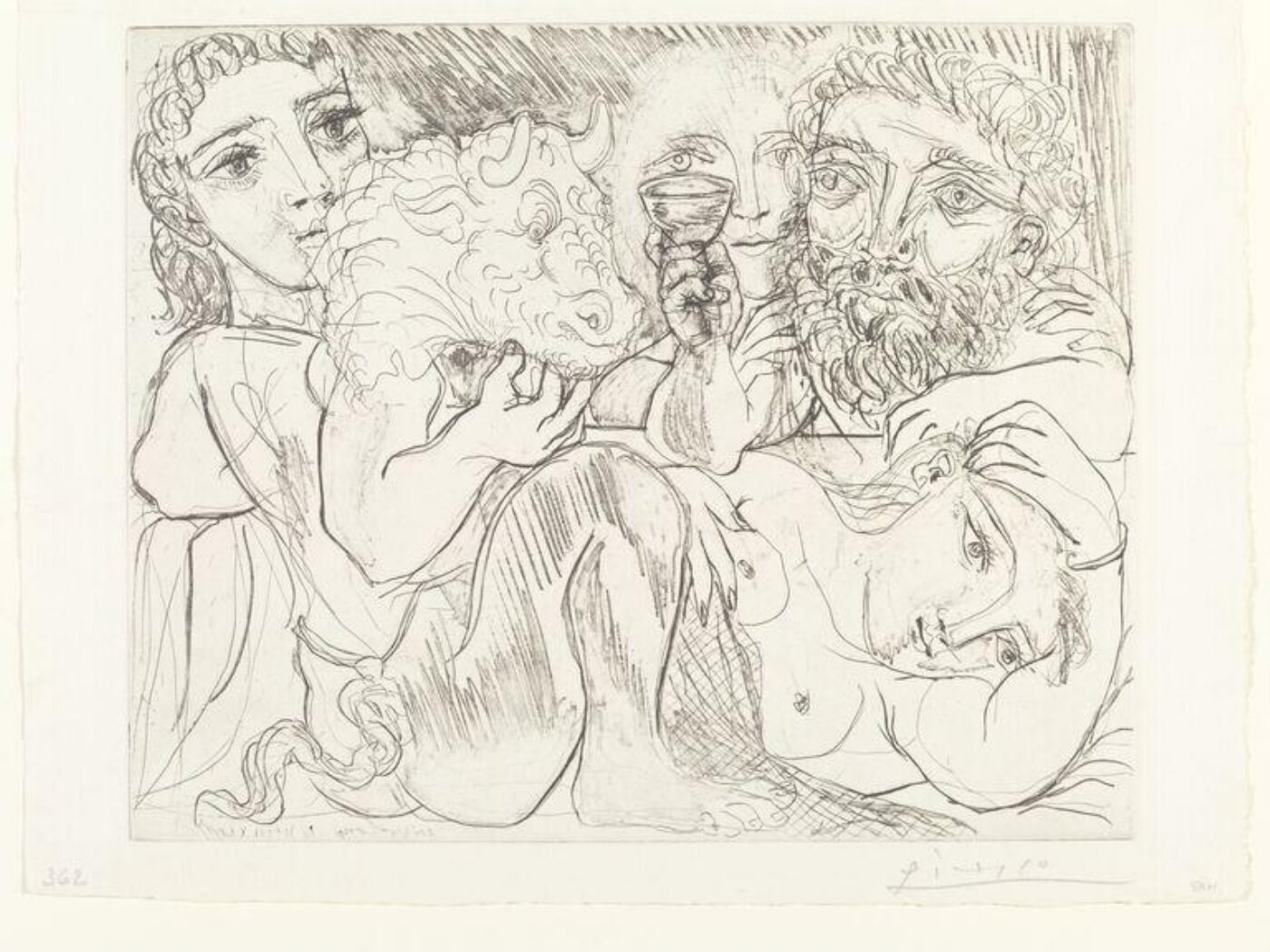 Pablo Picasso, Marie-Thérèse rêvant de métamorphoses: elle-même et le sculpteur buvant avec un jeune acteur grec jouant le rôle du Minotaure