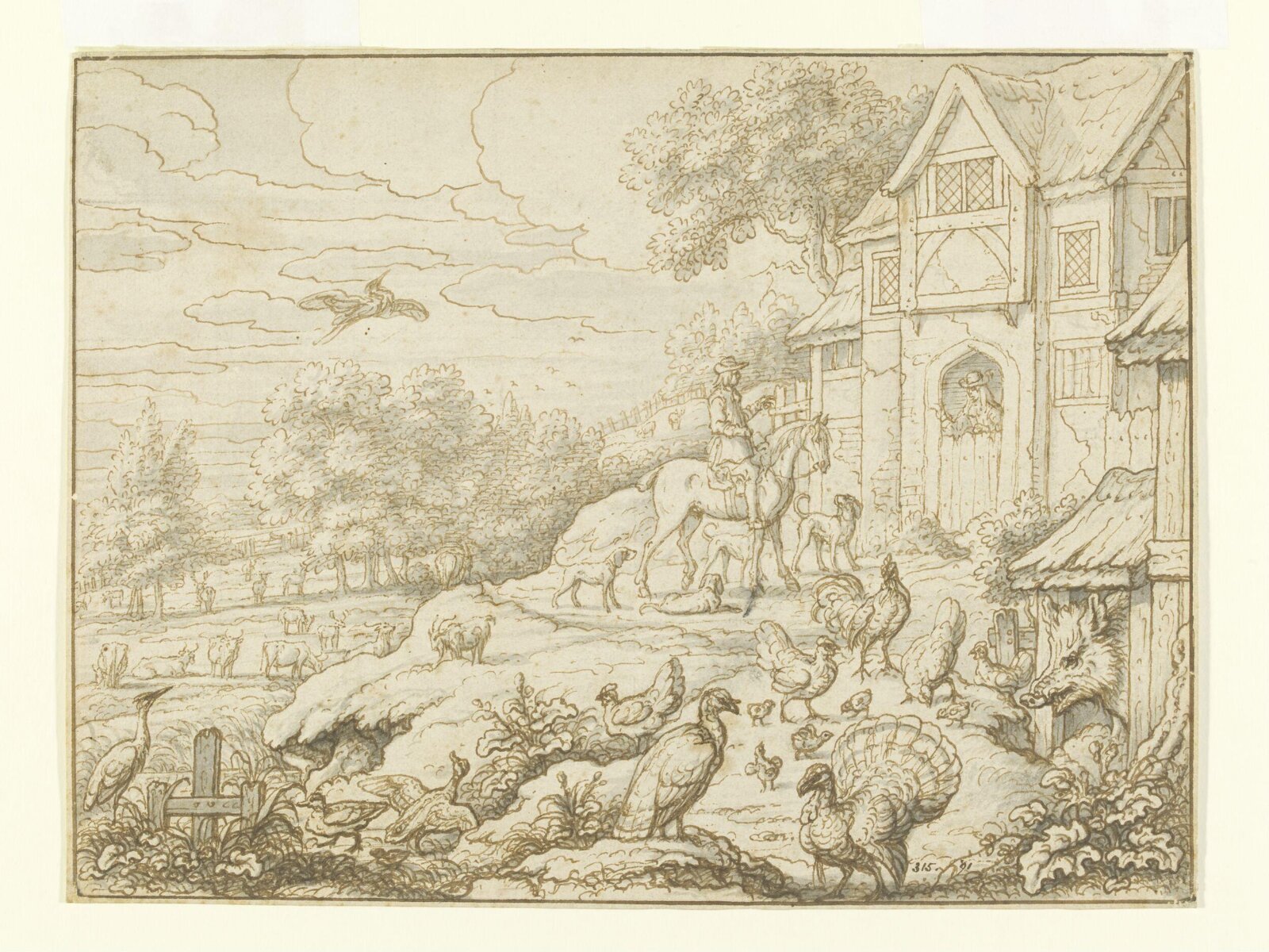 Farmyard with figures and landscape background, Francis Barlow, ca. 1670