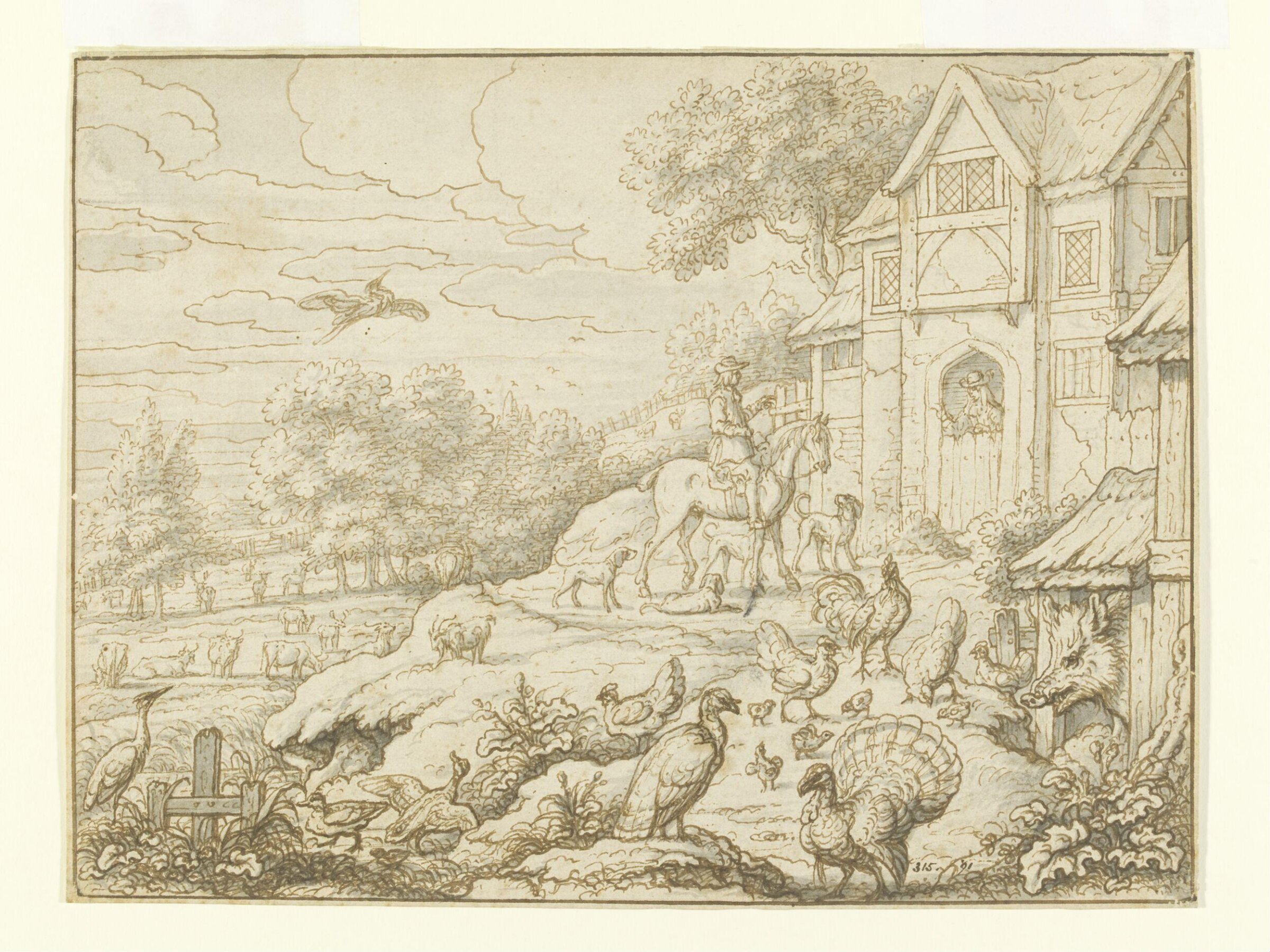 Farmyard with figures and landscape background, Francis Barlow, ca. 1670