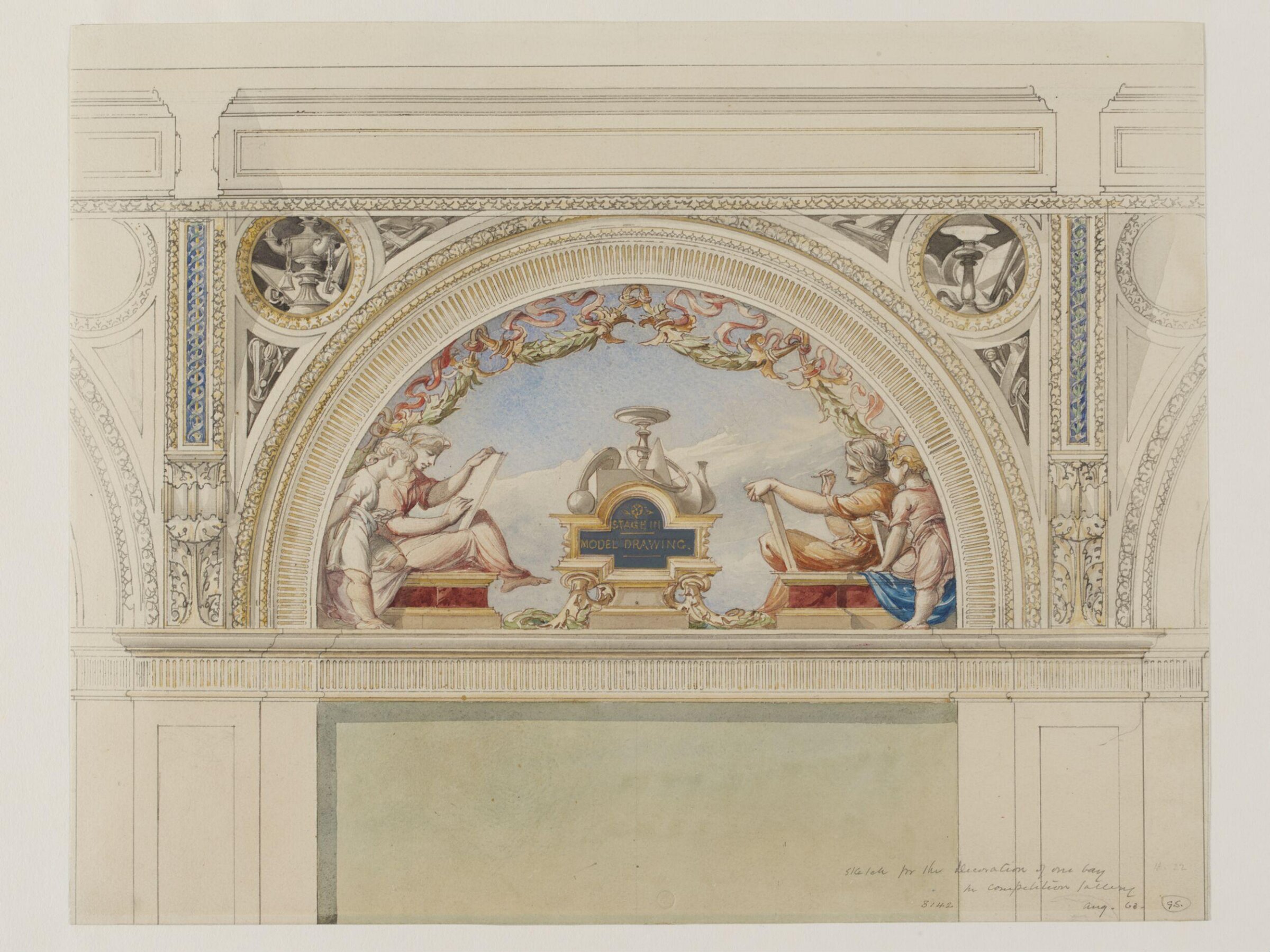 Design for decorative lunette: 'Model Drawing', Godfrey Sykes, 1863