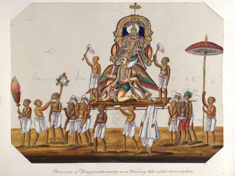 One of twenty mica paintings depicting Hindu deities and festival processions with decorated cars.