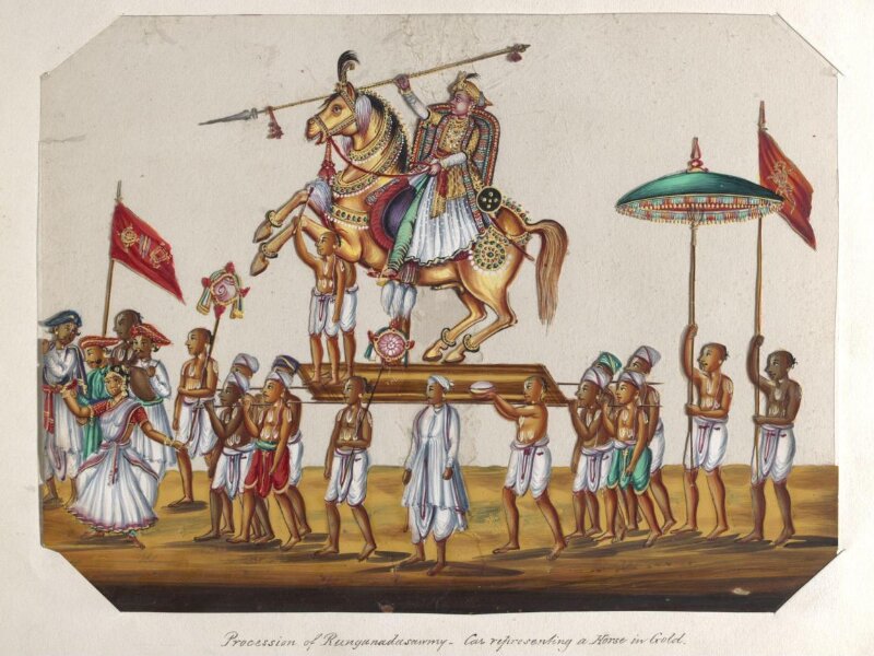 One of twenty mica paintings depicting Hindu deities and festival processions with decorated cars.