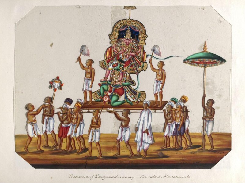 One of twenty mica paintings depicting Hindu deities and festival processions with decorated cars.