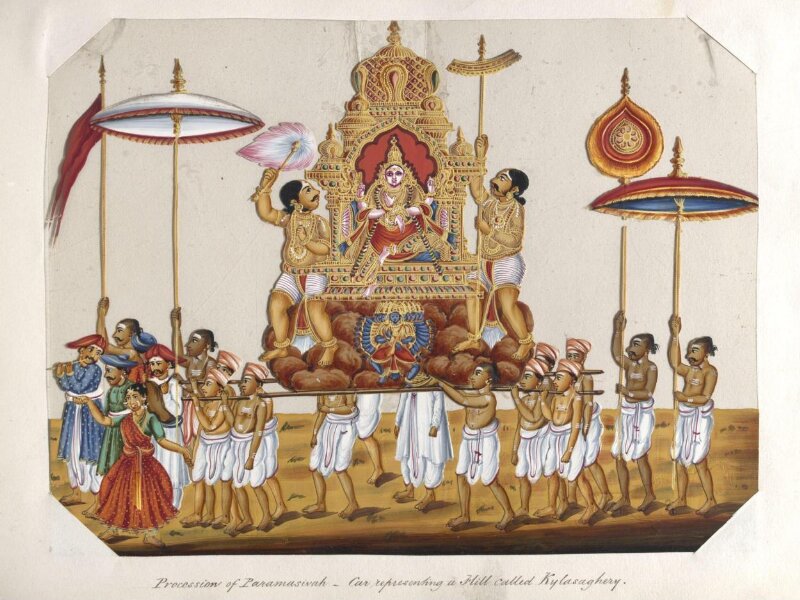 One of twenty mica paintings depicting Hindu deities and festival processions with decorated cars.