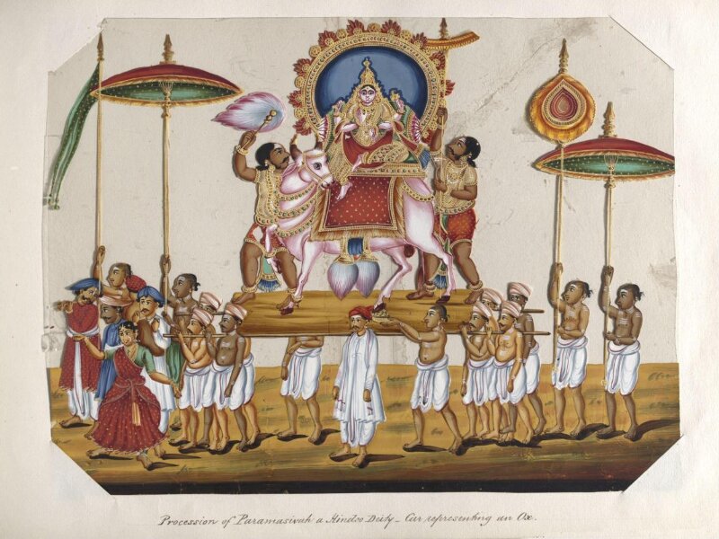 One of twenty mica paintings depicting Hindu deities and festival processions with decorated cars.