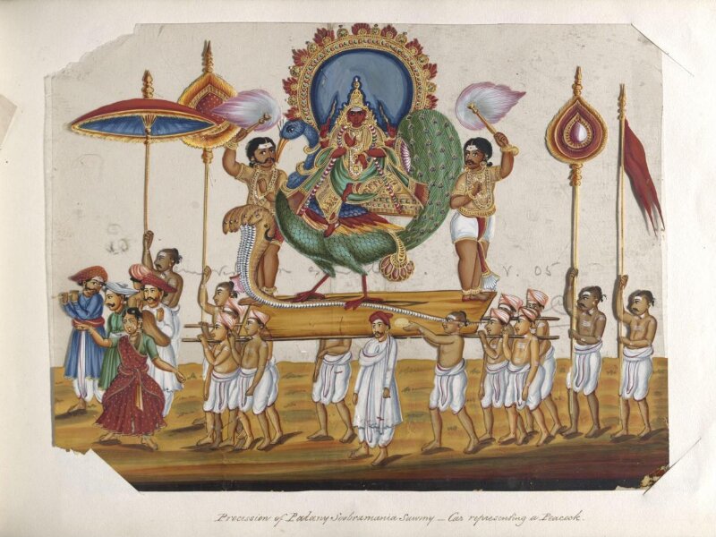 One of twenty mica paintings depicting Hindu deities and festival processions with decorated cars.