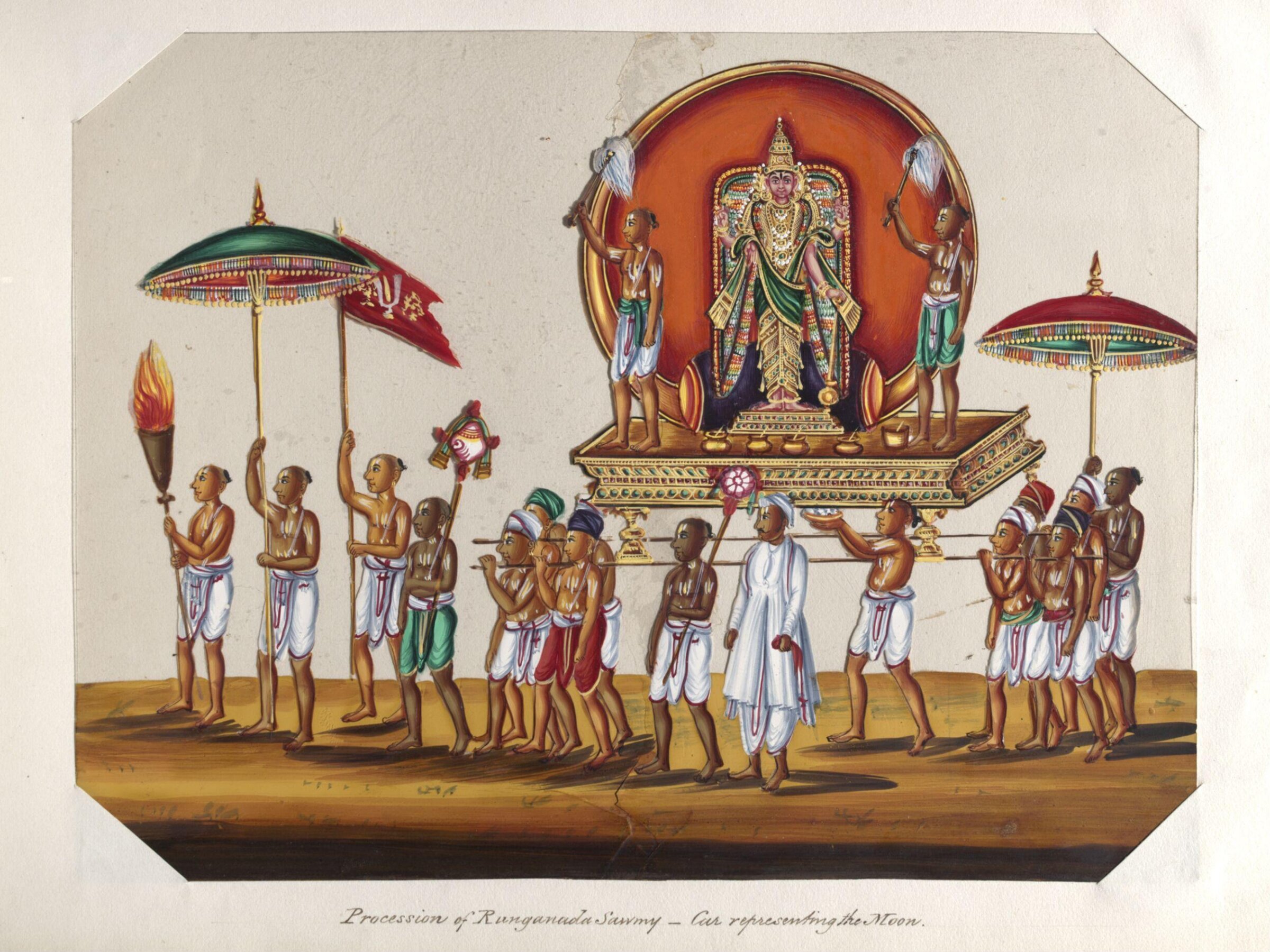 One of twenty mica paintings depicting Hindu deities and festival processions with decorated cars., ca.1850