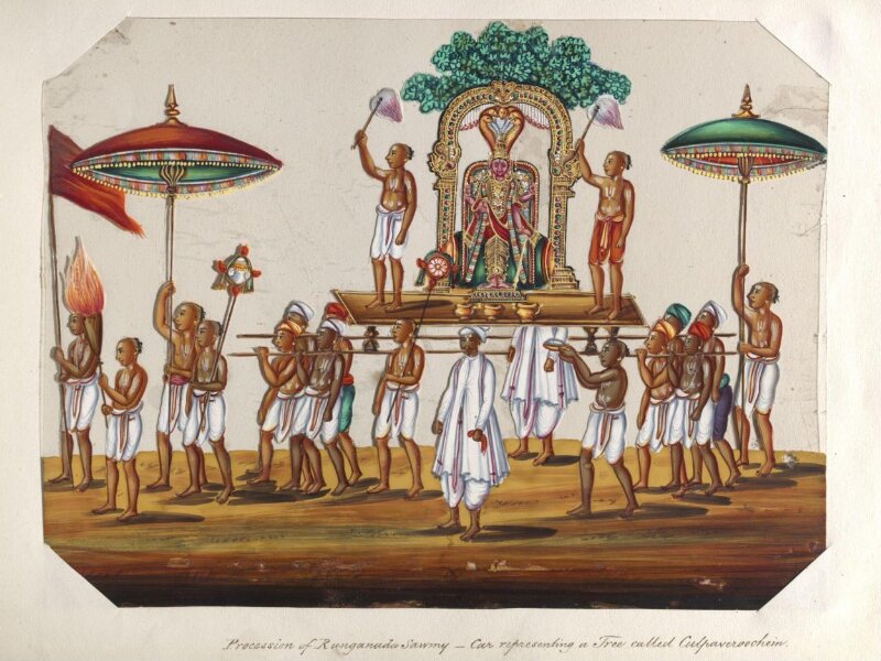 One of twenty mica paintings depicting Hindu deities and festival processions with decorated cars.