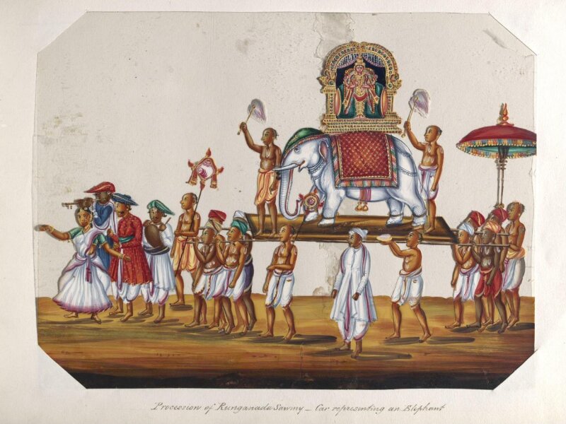 One of twenty mica paintings depicting Hindu deities and festival processions with decorated cars.