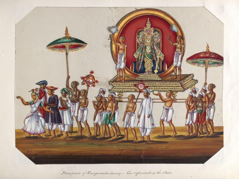 One of twenty mica paintings depicting Hindu deities and festival processions with decorated cars.