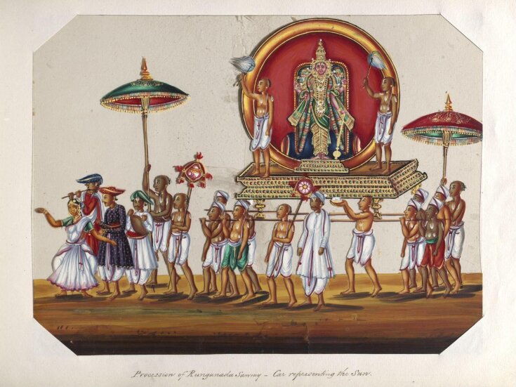 One of twenty mica paintings depicting Hindu deities and festival processions with decorated cars. top image