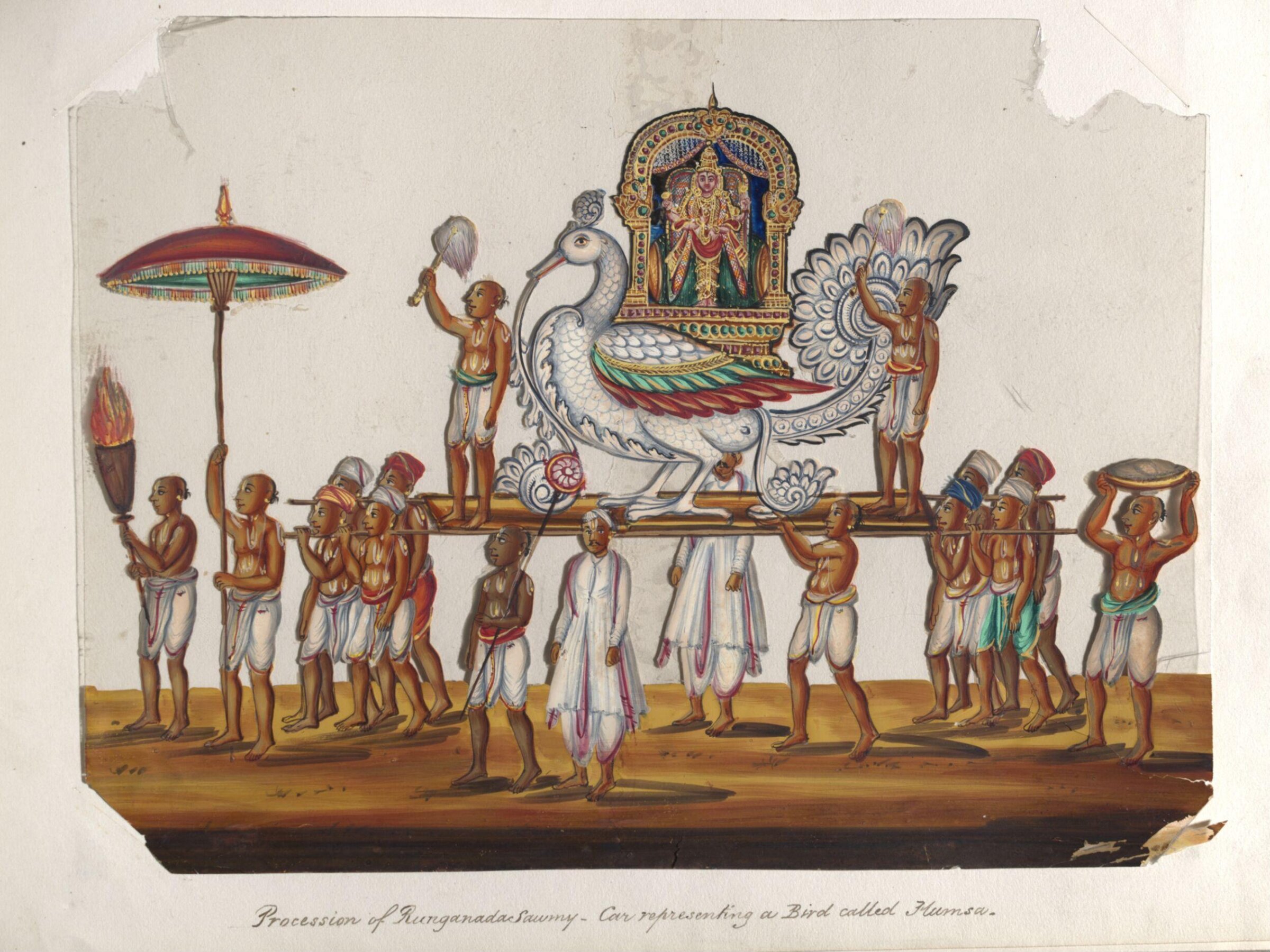 One of twenty mica paintings depicting Hindu deities and festival processions with decorated cars., ca.1850