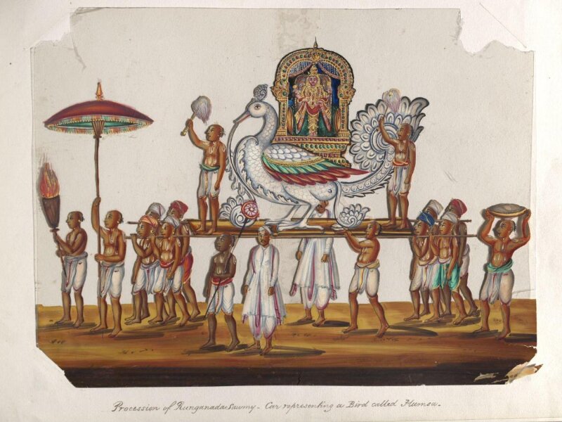 One of twenty mica paintings depicting Hindu deities and festival processions with decorated cars.