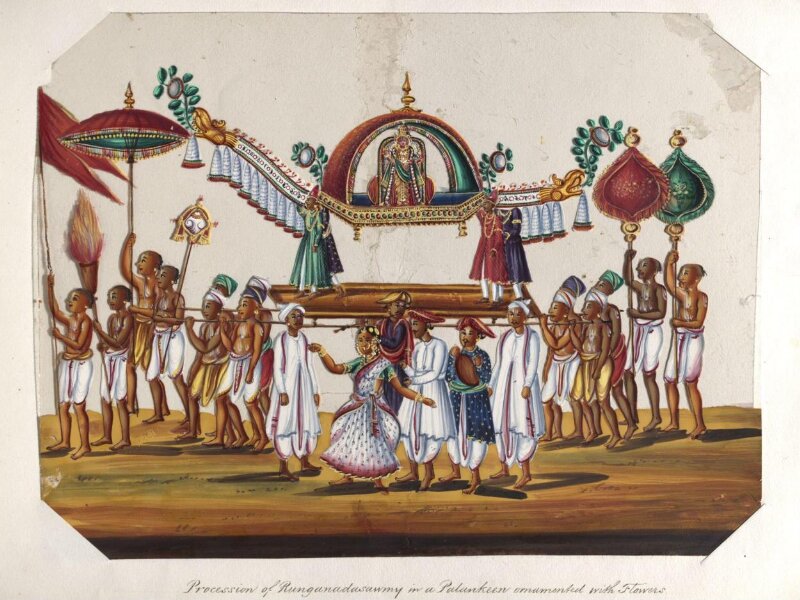One of twenty mica paintings depicting Hindu deities and festival processions with decorated cars.