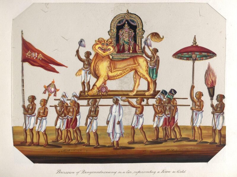 One of twenty mica paintings depicting Hindu deities and festival processions with decorated cars.