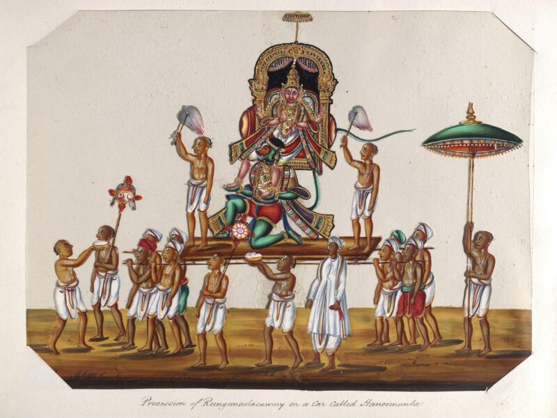 One of twenty mica paintings depicting Hindu deities and festival processions with decorated cars.