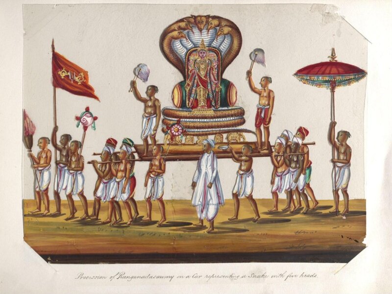 One of twenty mica paintings depicting Hindu deities and festival processions with decorated cars.