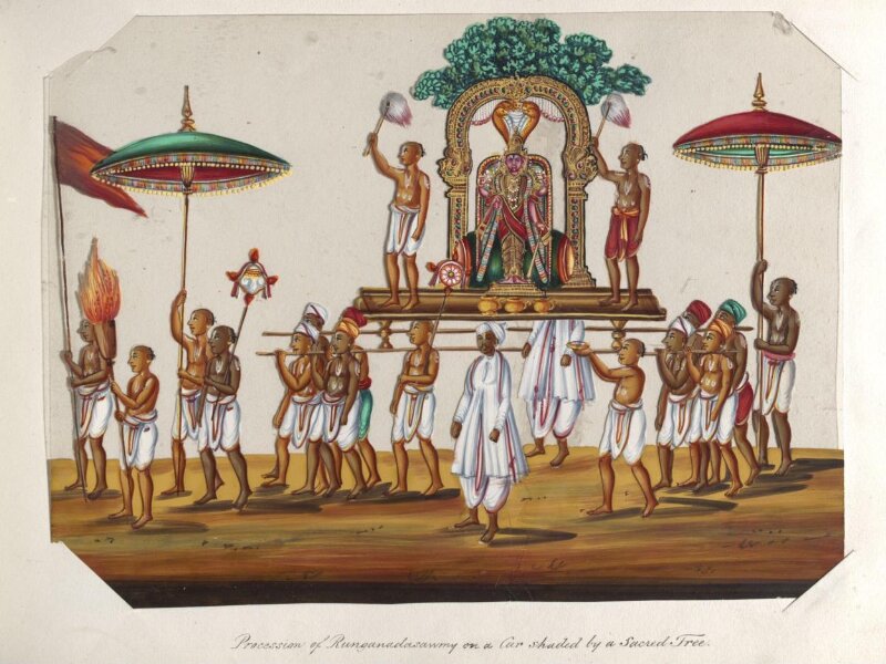 One of twenty mica paintings depicting Hindu deities and festival processions with decorated cars.